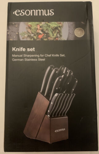 Esonmus Knife Set w Pine Wood Block Kitchen Knife Set 15 Pieces with S S Blade
