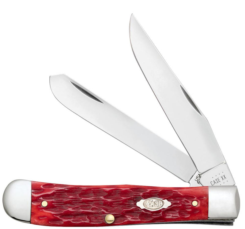 Case Dark Red Bone Peach Seed Jig Chrome Vanadium Trapper with Pocket Clip