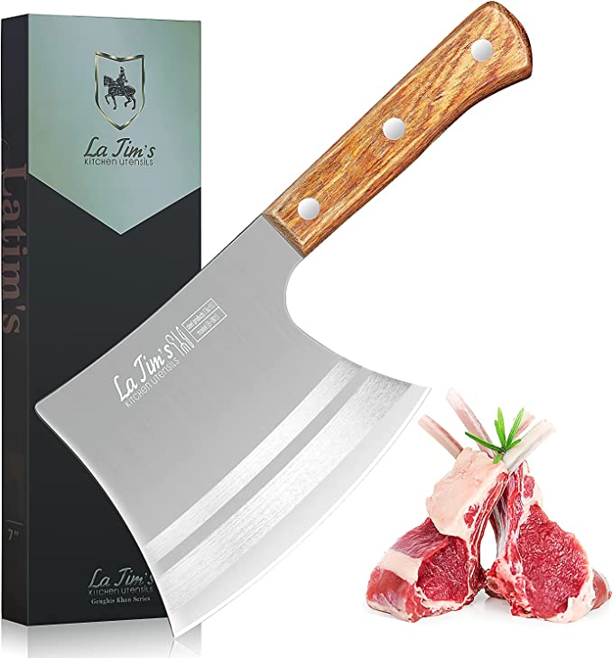LA TIM'S Meat Cleaver Knife, 2 lb Heavy Duty Cleaver with Hand Forged High Carbon Steel, Butcher Knife for Chopping Bones, Solid Wood Handle