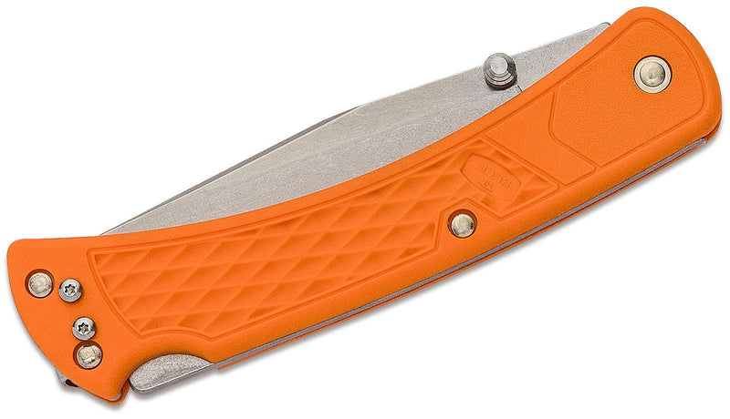 Buck 110 Slim Select Folding Hunter 3.75" Plain Blade, Blaze Orange GFN Handles, Deep Carry Pocket Clip - 12699