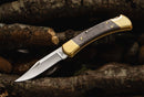 Buck 110 Folding Hunter 3.75" Blade, Ebony Wood Handles, Lockback, Leather Sheath